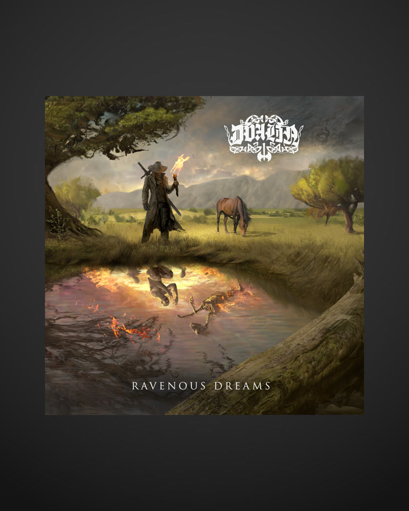Cover of the „Ravenous Dreams“ EP: a figure holding a torch in a meadow, a burning scene mirrored in the water below