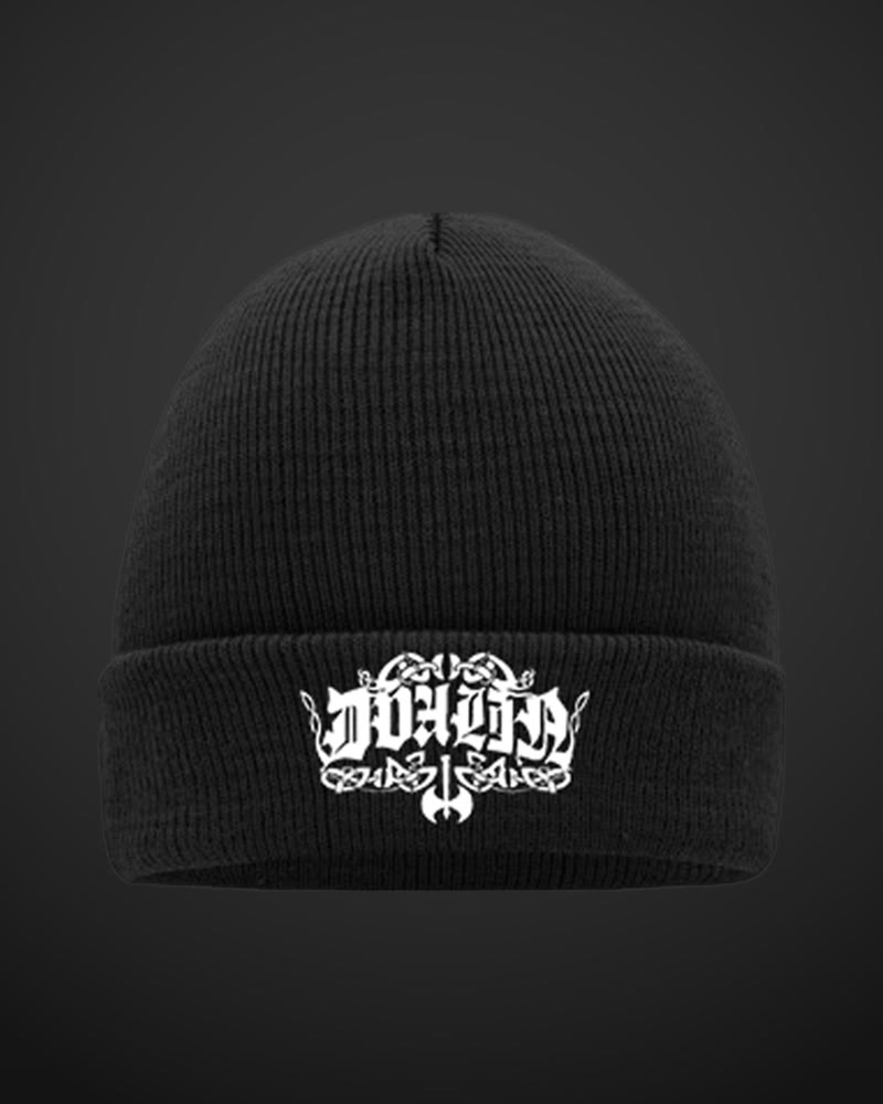 Black knitted beanie with the white Dvalin logo on the cuff