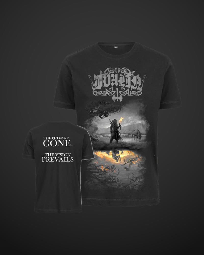 Black T-shirt with the Dvalin logo and the „Ravenous Dreams“ EP artwork on the front, next to the back print reading „The future is gone… the vision prevails“